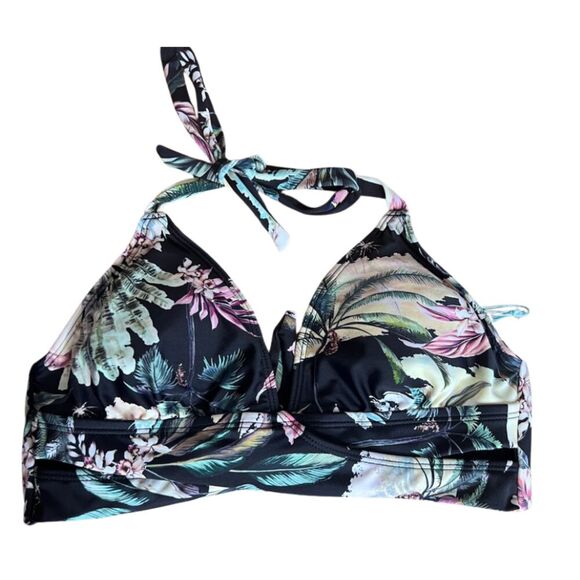 Kona Sol NWT Peak A Boo Band Tie Back Bikini Top Black Tropical Size S(4-6) - Picture 1 of 11